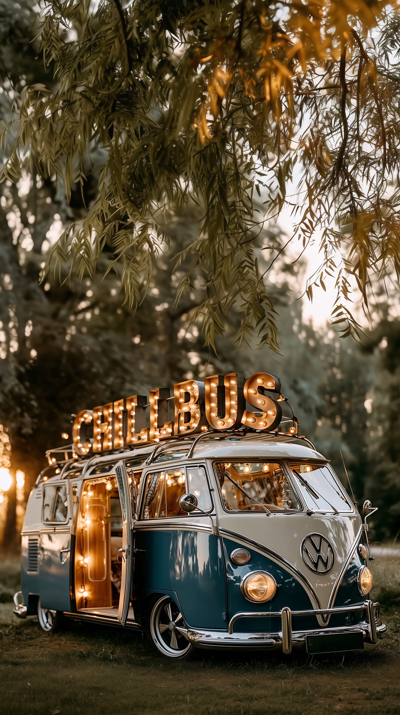Retro mikrobus s rozžiareným nápisom CHILLBUS na strešnej markíze, zaparkovaný v podvečernej atmosfére